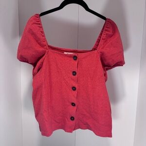 Madewell Red Short-Sleeve cotton blend blouse button up top square neck